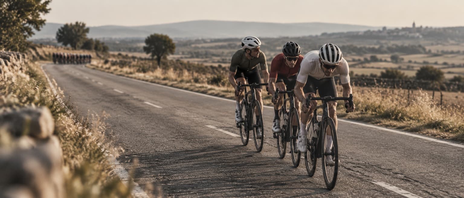 Três ciclistas rivais a revezar o esforço numa fuga, com o pelotão a seguir bem atrás