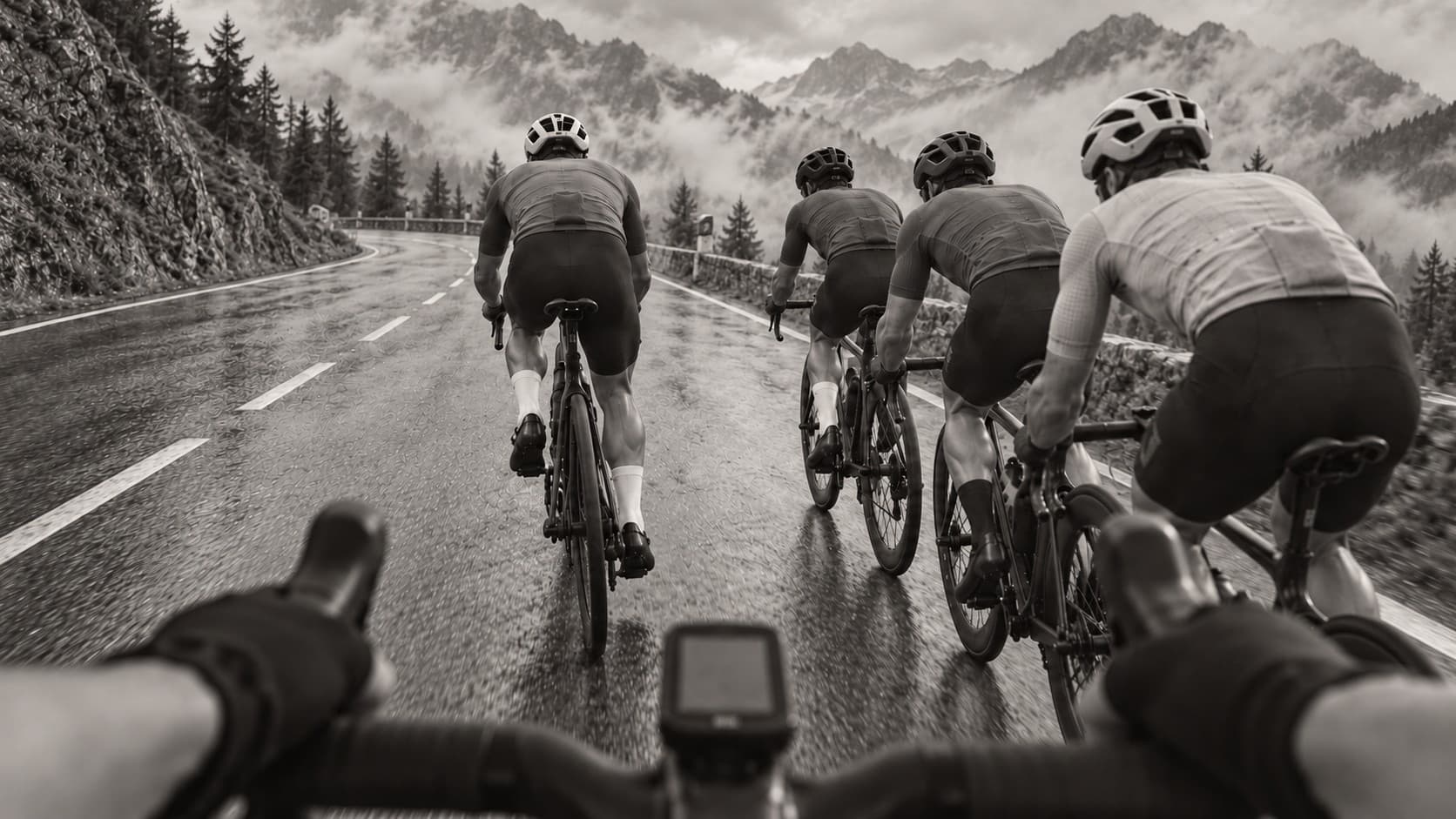The view from within a team of riders, seen over the handlebars, as riders ahead hold a synchronised line
