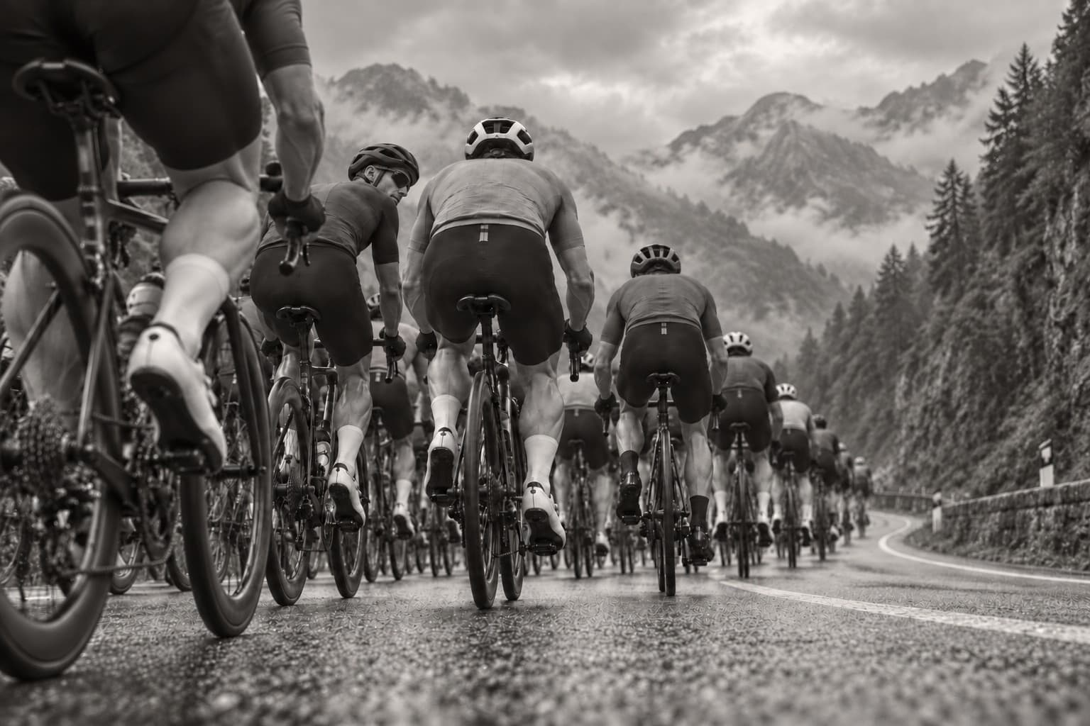 The view from inside a dense pack of riders, packed tightly together on a mountain road