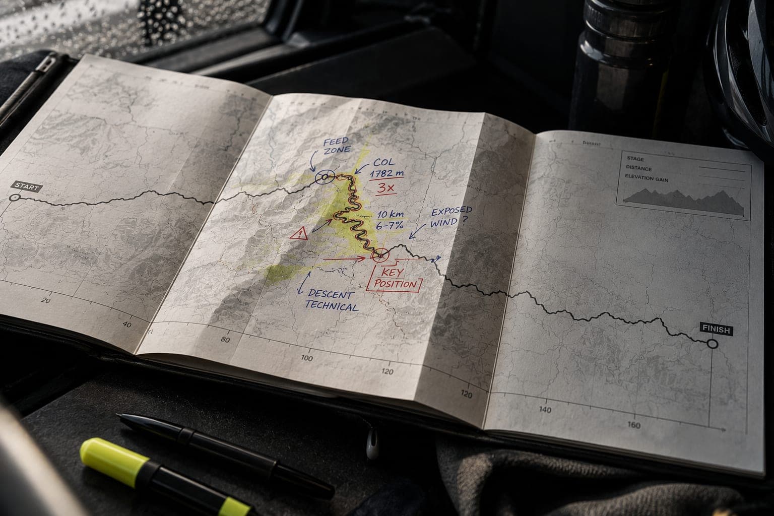 An open roadbook on the floor of a team car, the stage marked up by hand: feed zone, the climb, the exposed section and the key position, a highlighter and marker beside it
