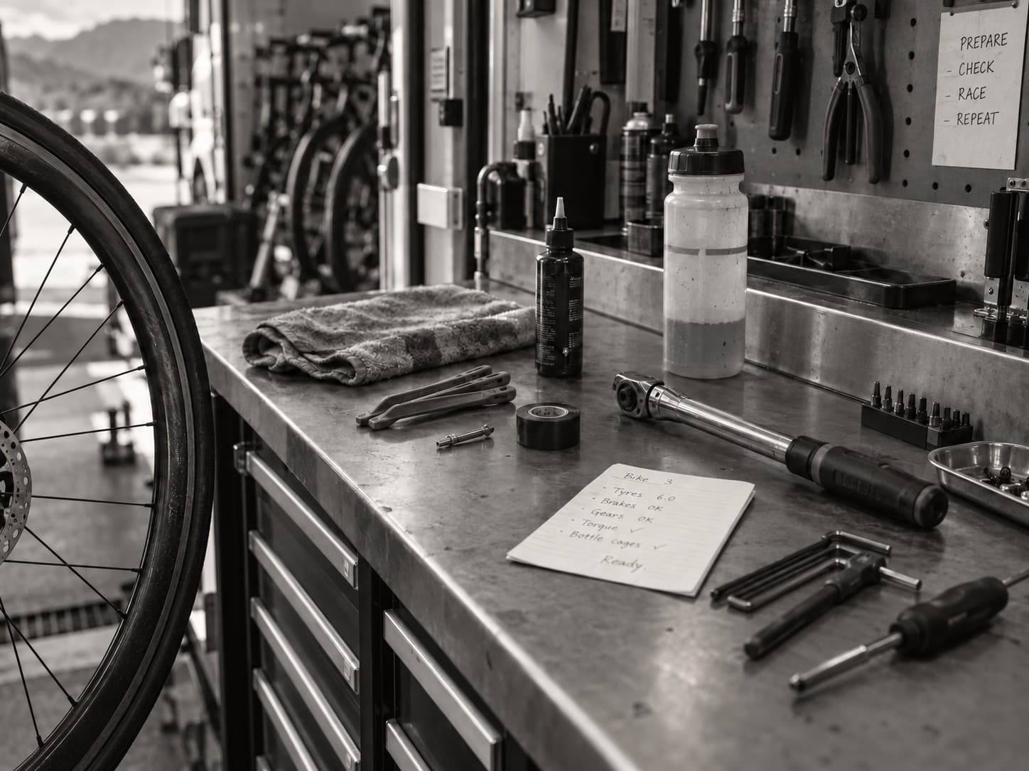 A handwritten pre-stage checklist on a workbench surrounded by tools and a spare wheel