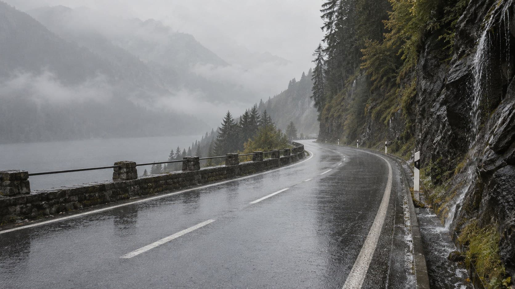 Uma estrada de montanha deserta a fazer uma curva sob chuva, com um penhasco de um dos lados